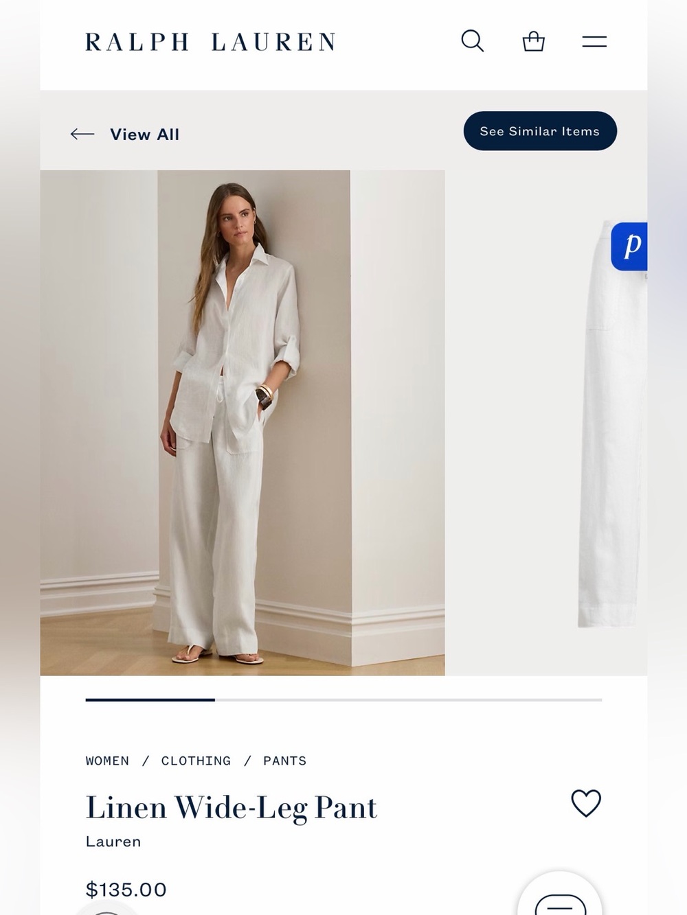 Ralph Lauren White 100% Linen Pants with Elastic Drawstring Waist